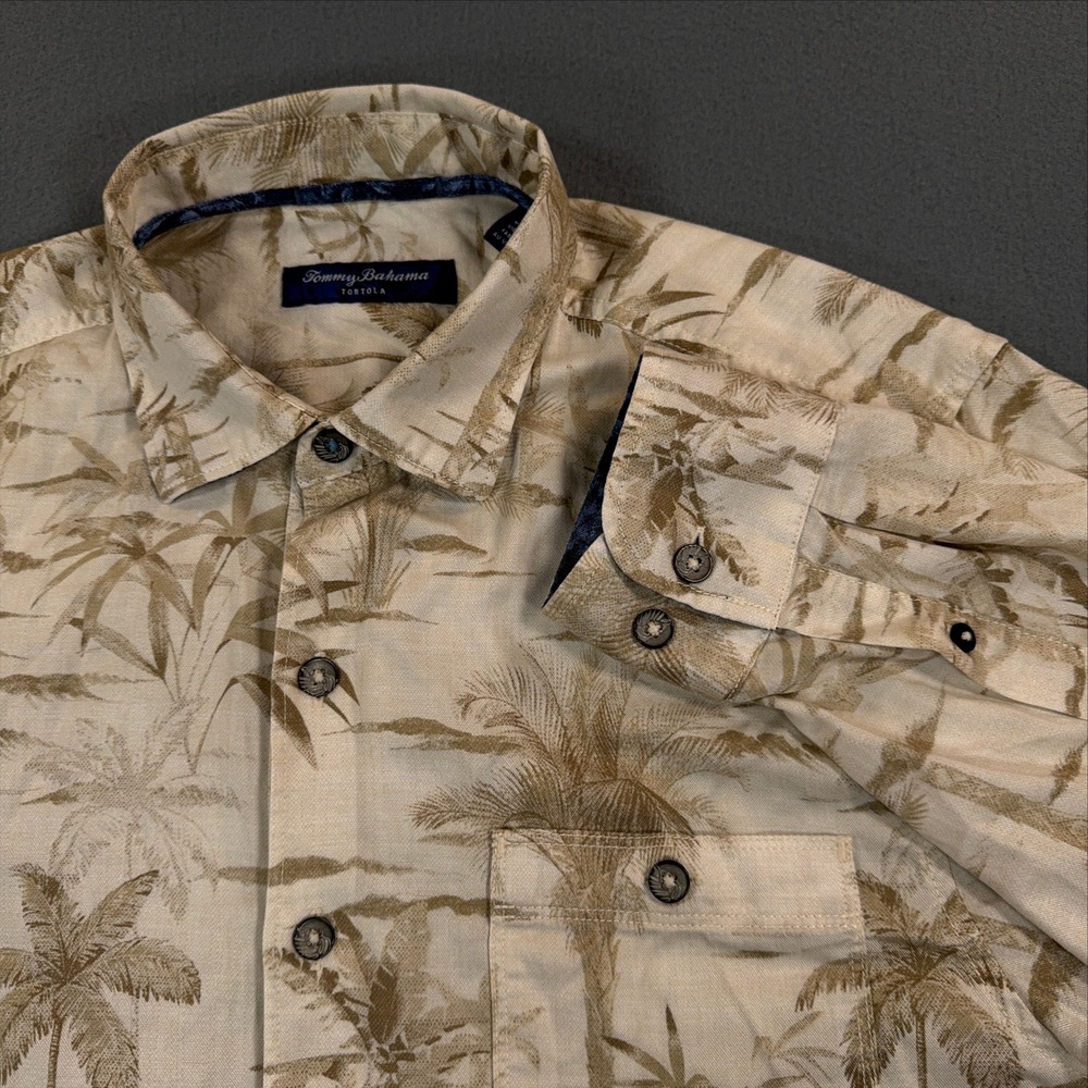 Tommy Bahama Tortola Mens Medium Tan Palm Tree Print Tencel Cotton Button Down